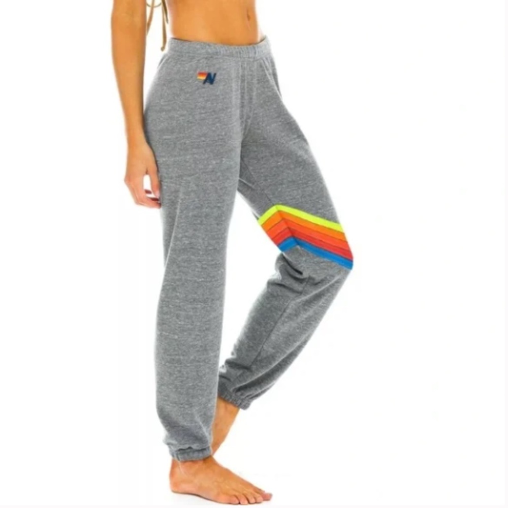 Aviator Nation Gray Track Pants with Rainbow Stripes
